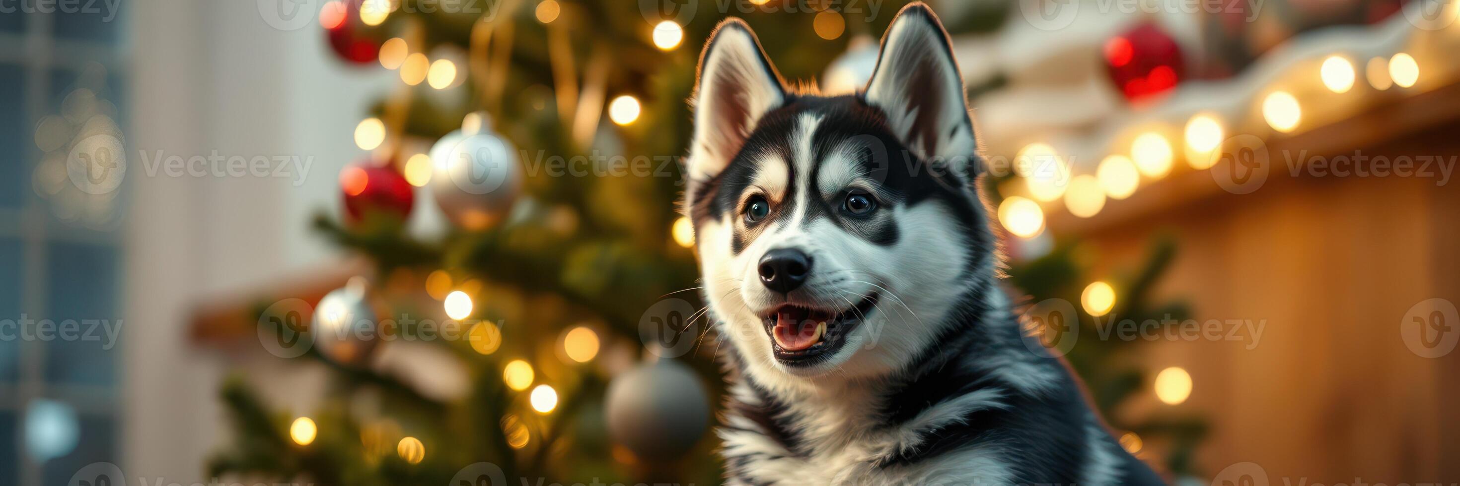 Happy husky dog sitting near a decorated Christmas tree with lights and ornaments in a cozy home setting photo