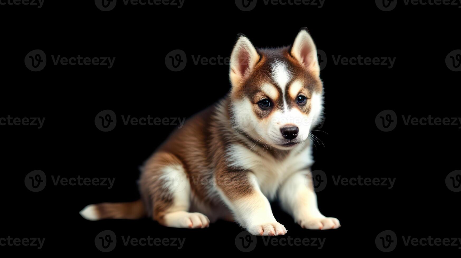 Cute husky puppy sitting against a dark background, showcasing its playful personality and striking coat patterns photo