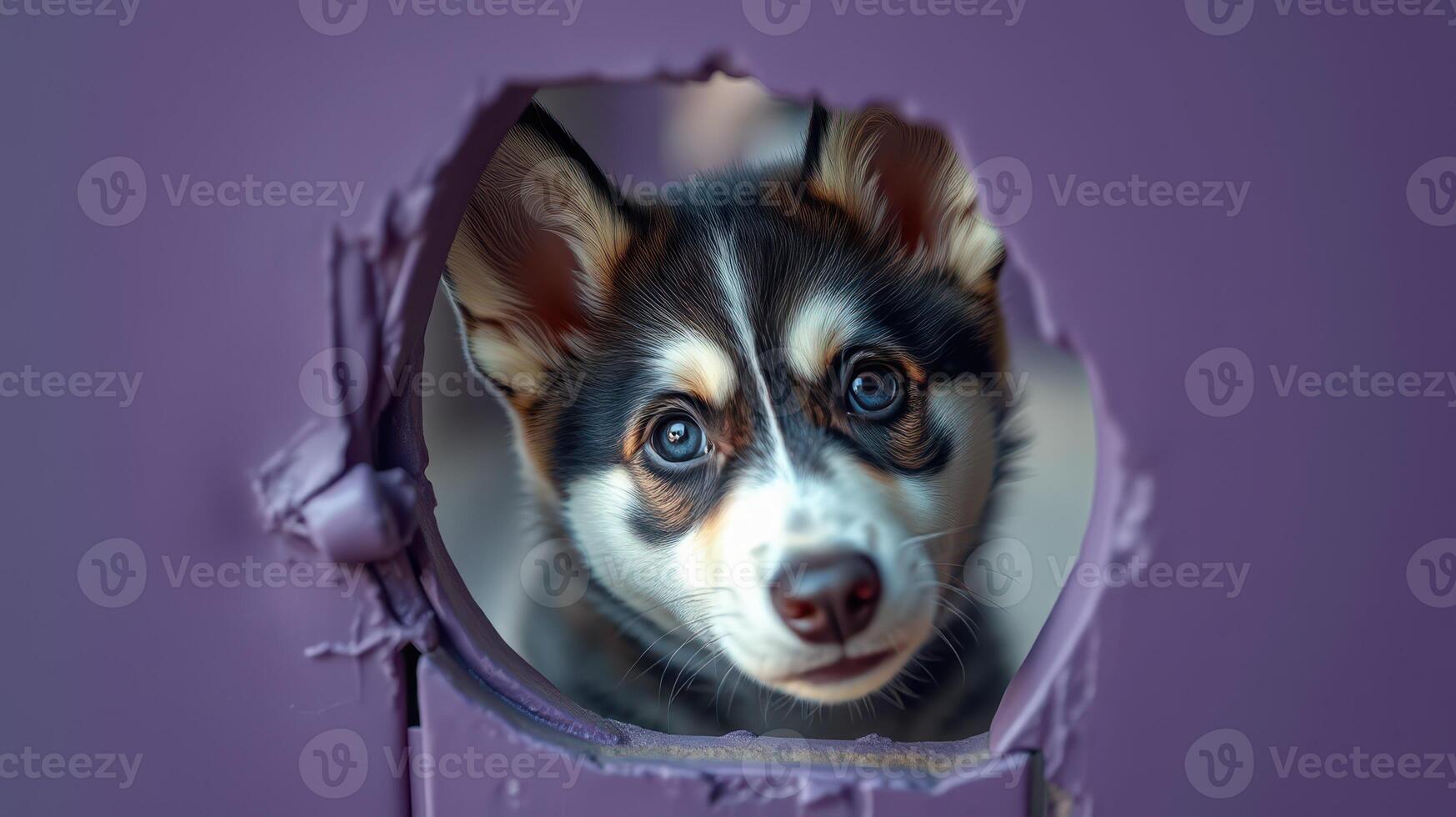 Curious puppy peeking through a hole in purple wall during daytime photo