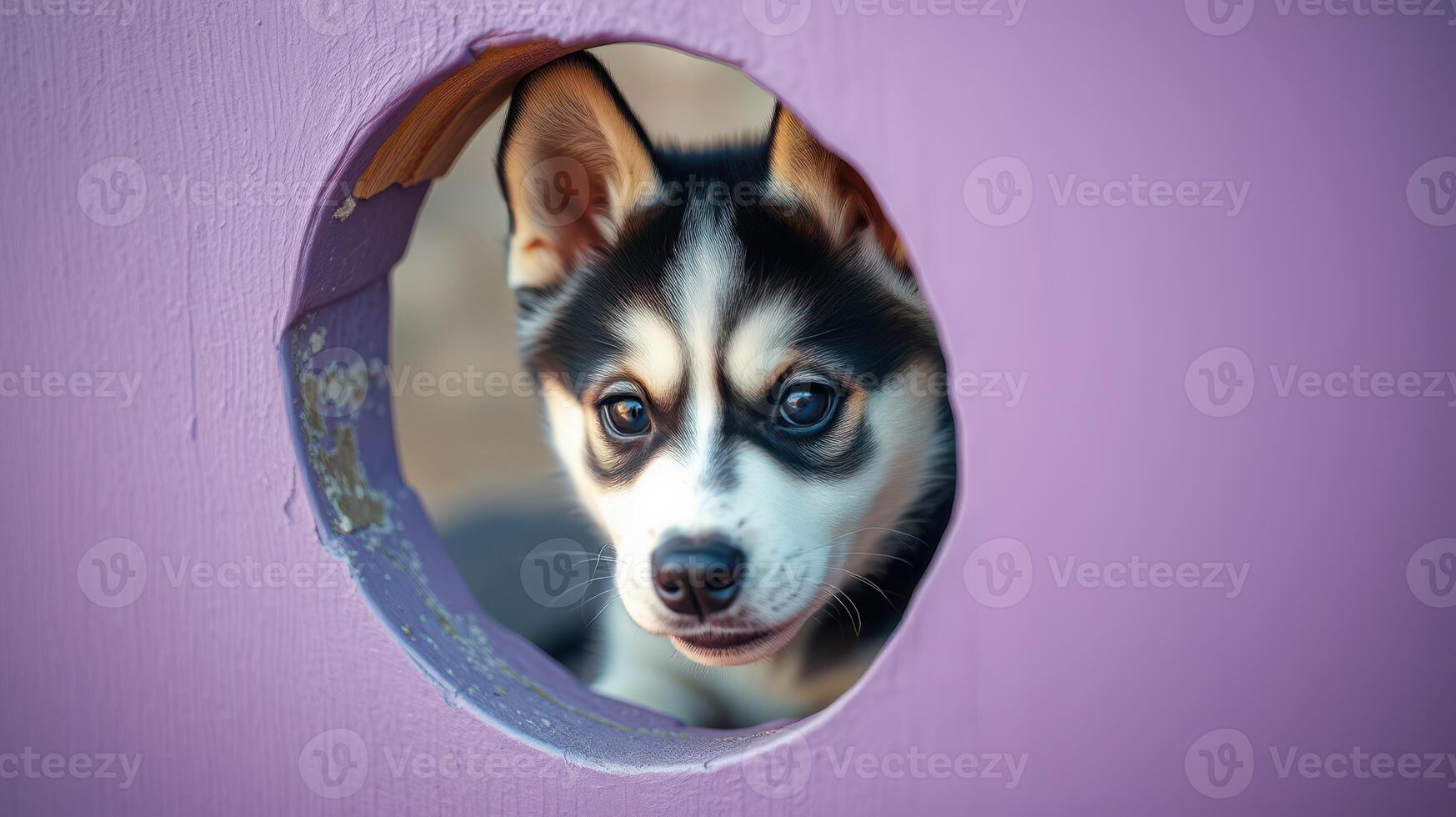 Cute dog peeking through a circular hole in a colorful wall on a sunny day photo