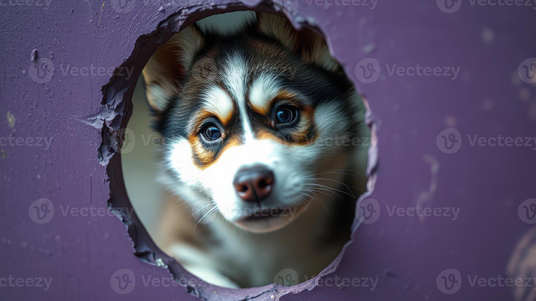 Curious puppy peeking through a hole in a purple wall during an indoor playful moment photo