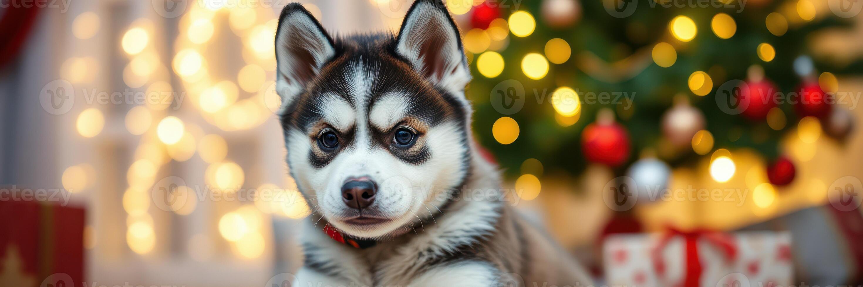 Winter puppy poses in front of a decorated Christmas tree with sparkling lights and gifts nearby photo