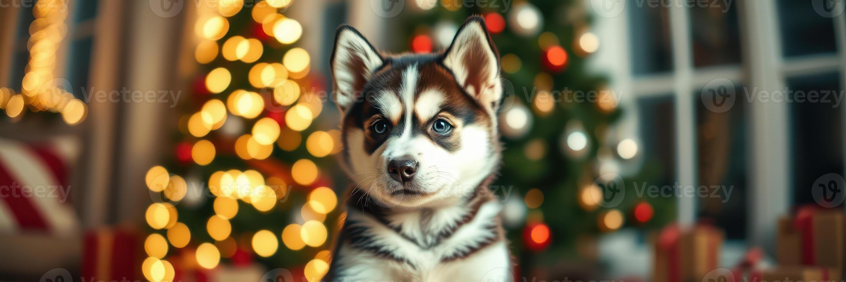 Cute husky puppy posing in front of decorated Christmas tree with colorful lights and gifts at home photo