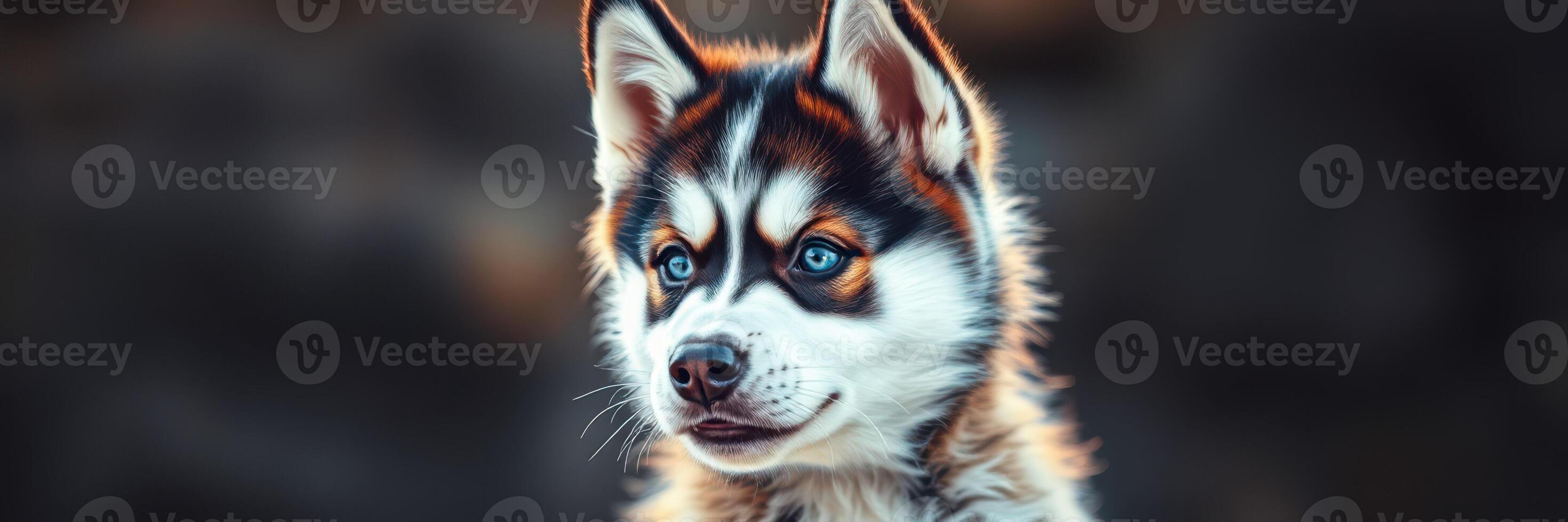 Cute husky puppy with striking blue eyes staring curiously at the camera during a sunny outdoor afternoon photo