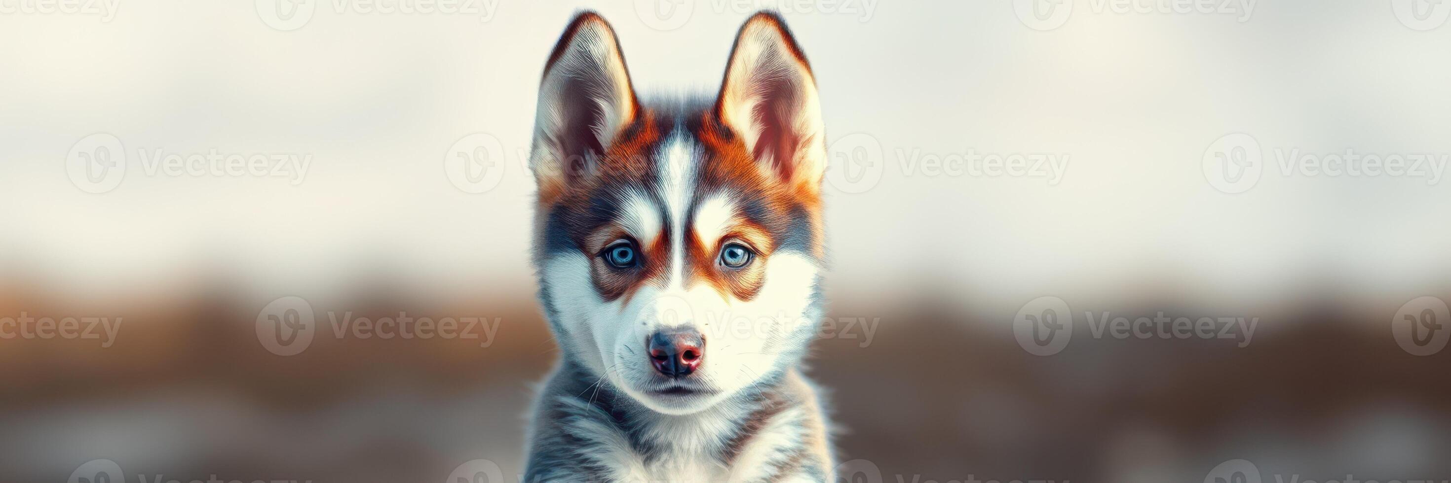 Cute husky puppy with striking blue eyes standing outdoors in a snowy landscape on a bright winter day photo