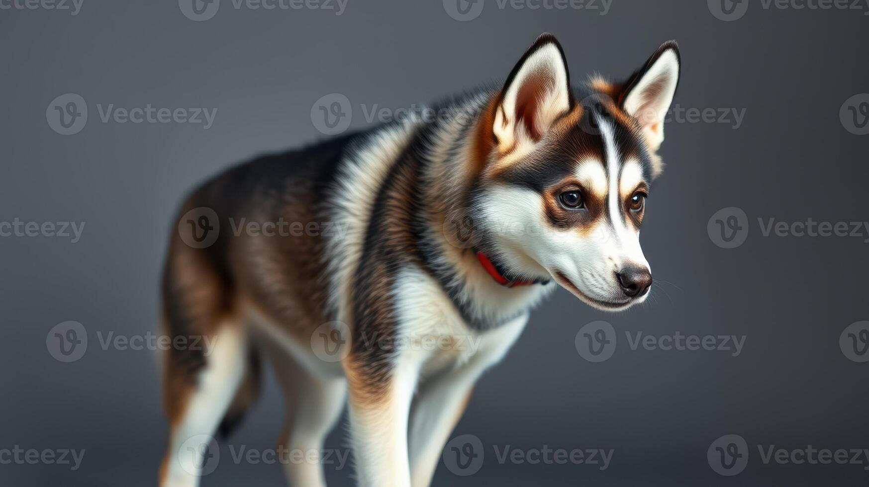 Husky puppy exploring a studio setting with curiosity and playful demeanor in soft lighting photo