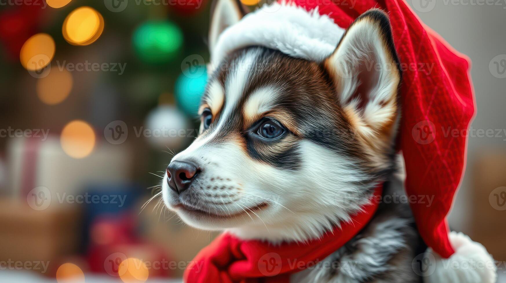 Cute husky puppy wearing a red Santa hat and scarf in a festive setting with Christmas decorations photo
