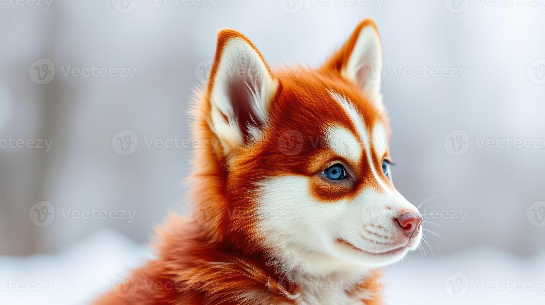 Playful red-haired husky puppy looking curiously in a snowy landscape during a bright winter day photo
