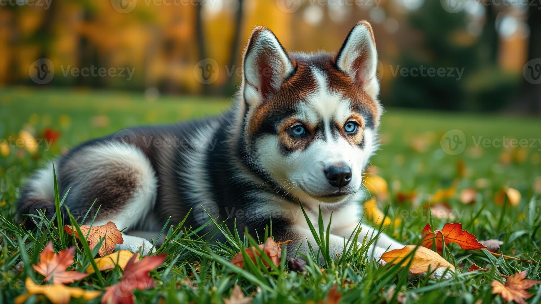 Cute husky puppy resting on colorful autumn leaves in a park during a sunny afternoon photo