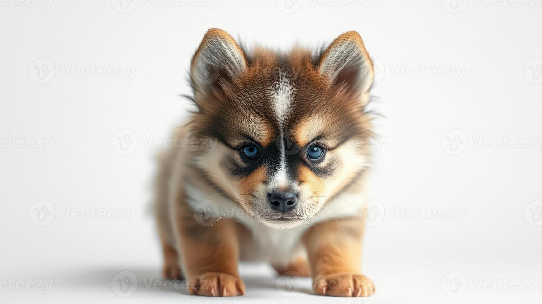 Cute puppy with distinctive fur pattern standing on a neutral background in a well-lit setting photo