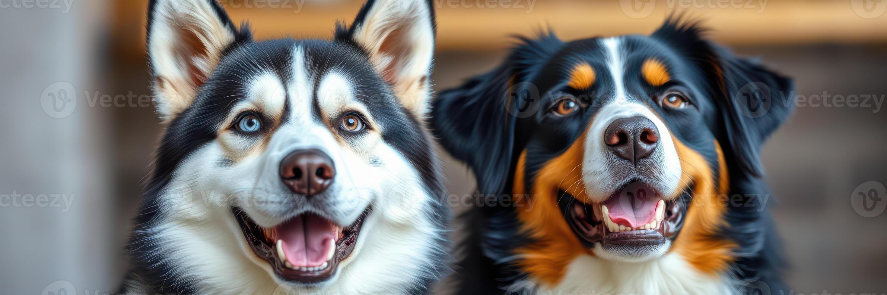 Two happy dogs sitting side by side, showcasing their adorable features and expressions in a relaxed indoor setting photo