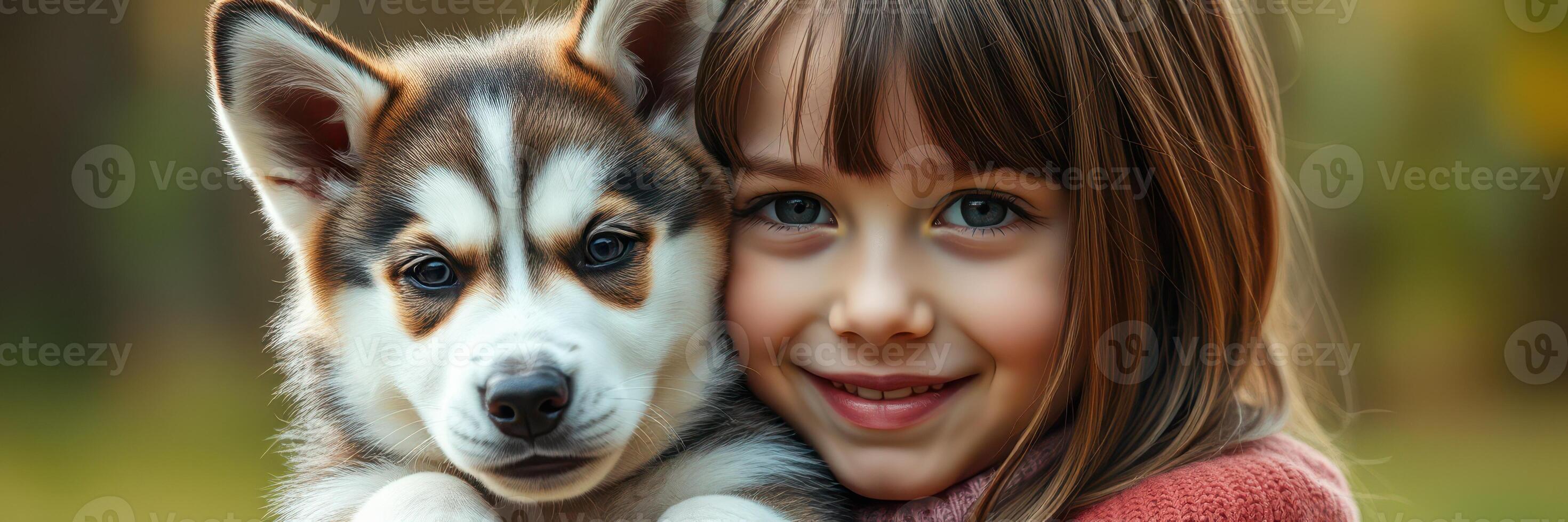 Smiling child holds a fluffy puppy outdoors in a sunlit park during autumn photo