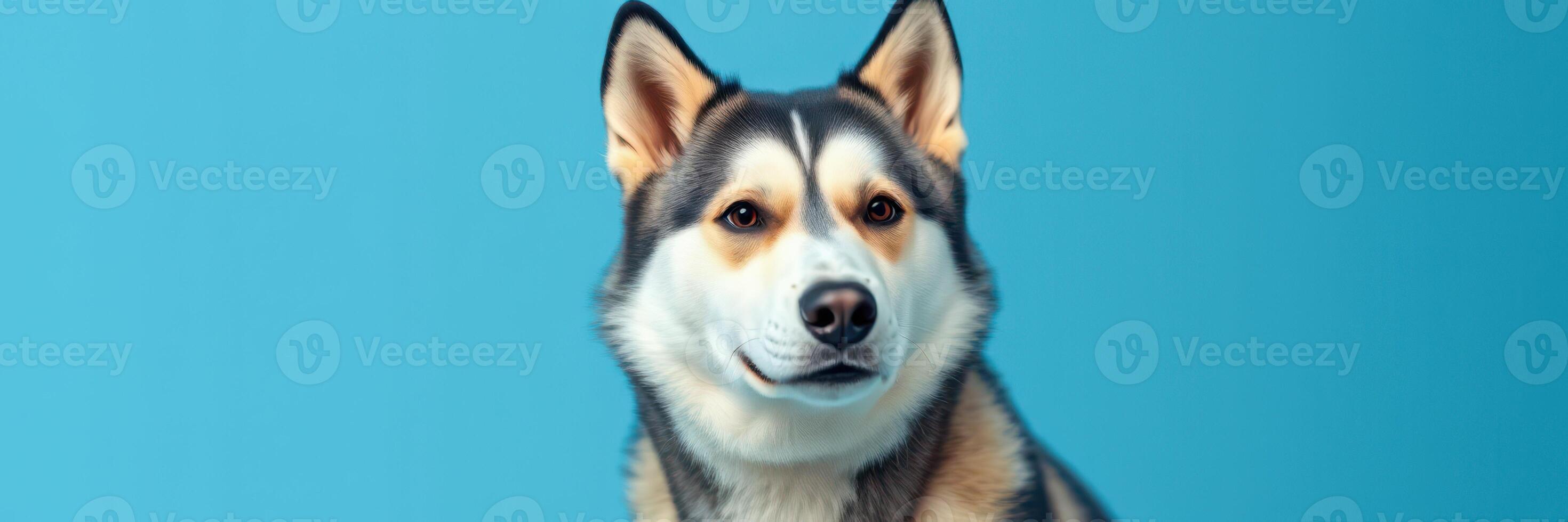 Portrait of a confident dog against a solid blue background capturing its expressive features and personality photo