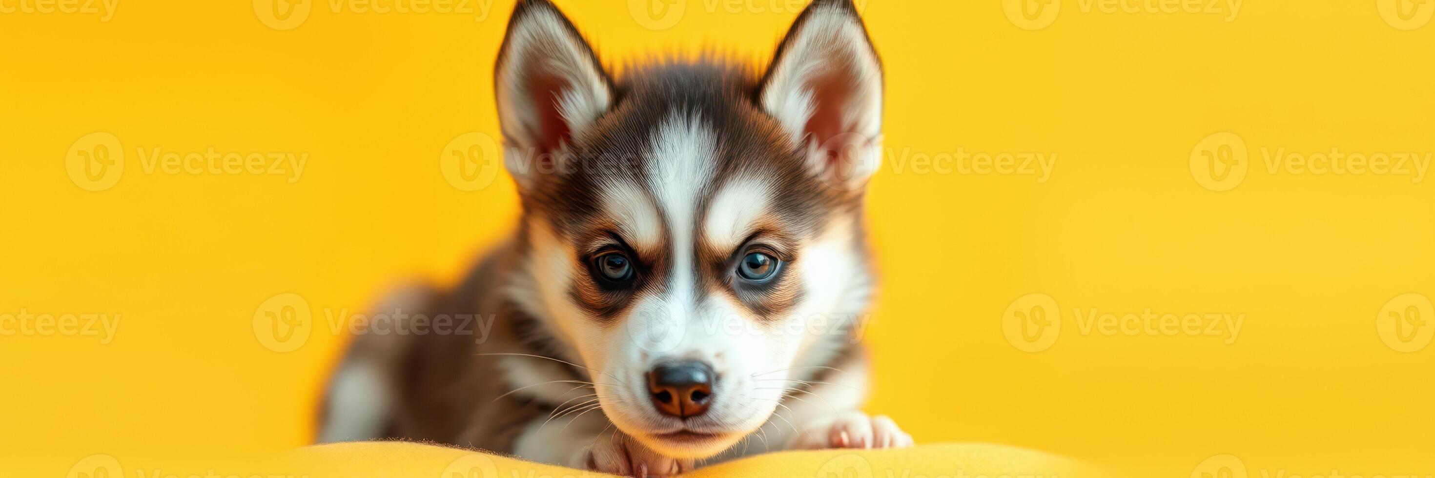 Cute puppy with striking eyes poses against a bright yellow background during a sunny day photo