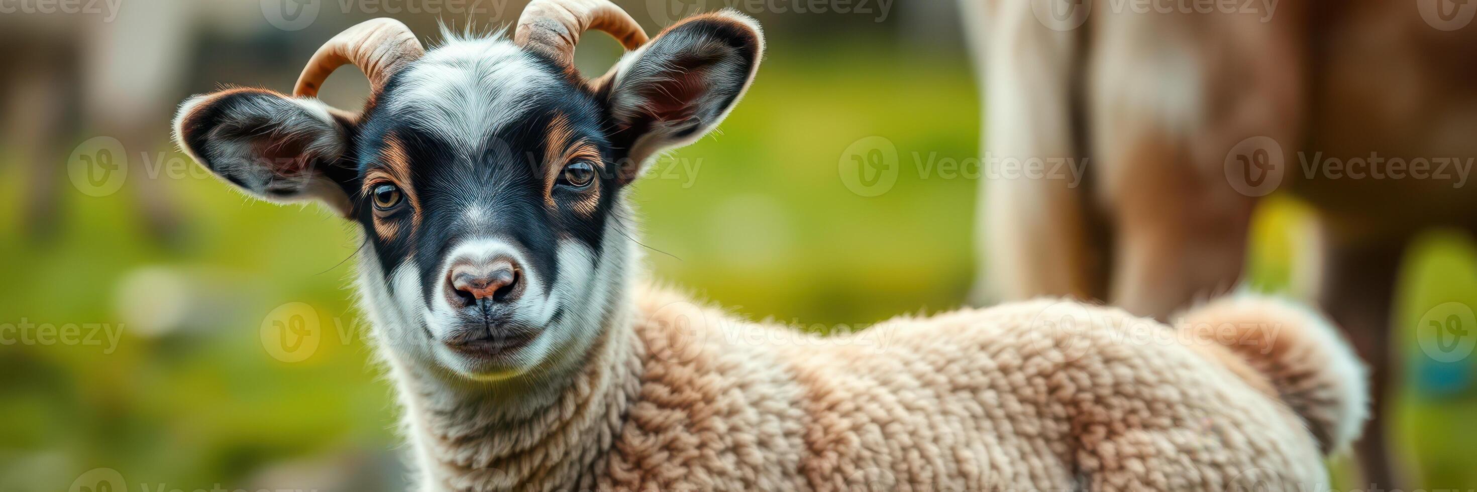 Young goat stands in a grassy meadow on a bright day surrounded by other farm animals photo