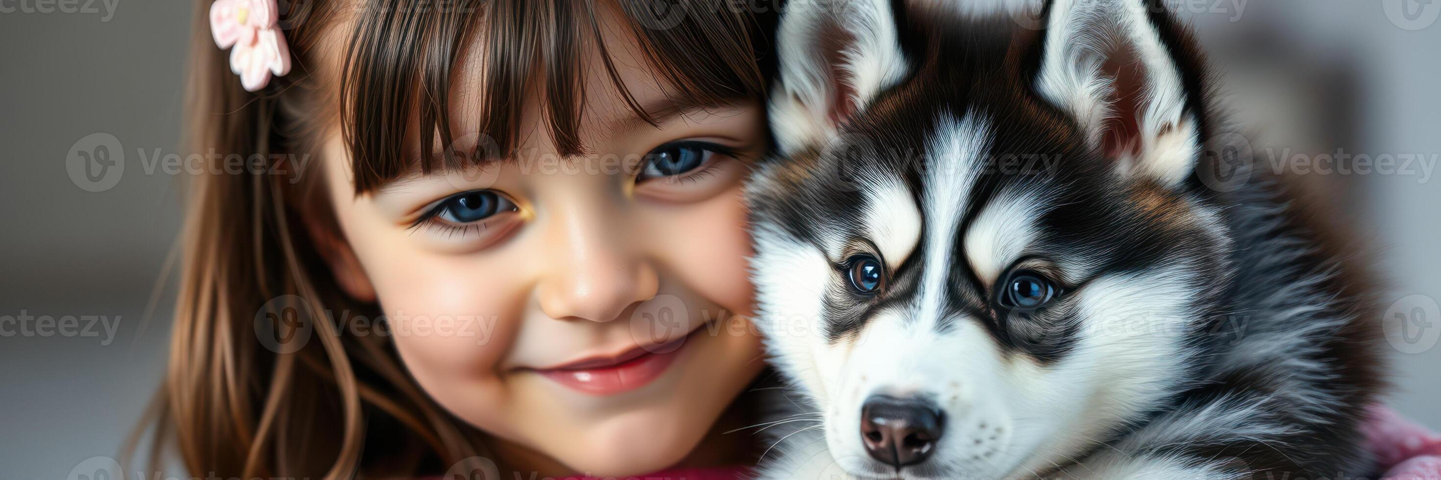 Young girl smiles with a fluffy husky puppy in a cozy indoor setting during afternoon light photo