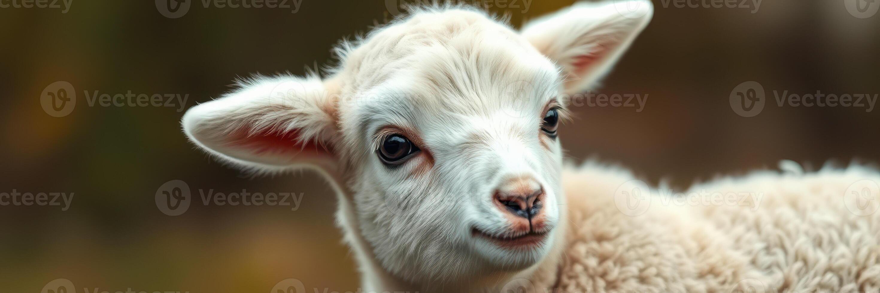 Cute lamb with fluffy wool stands in a grassy field during springtime photo