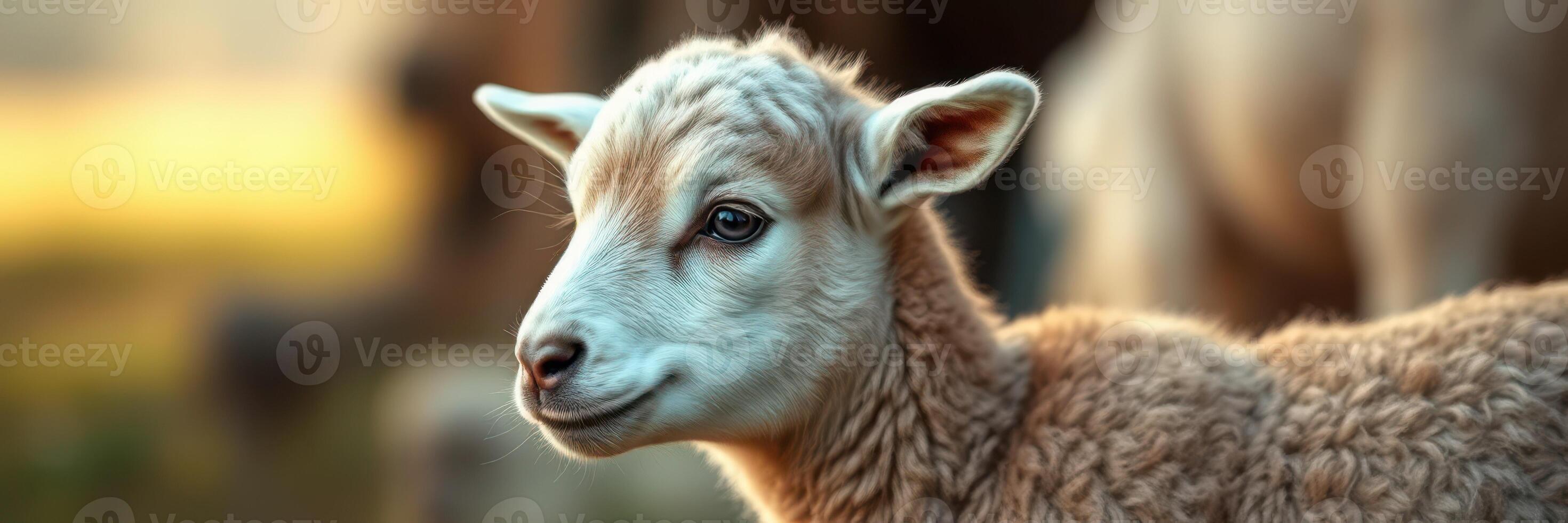 Curious lamb exploring a sunny pasture during golden hour photo