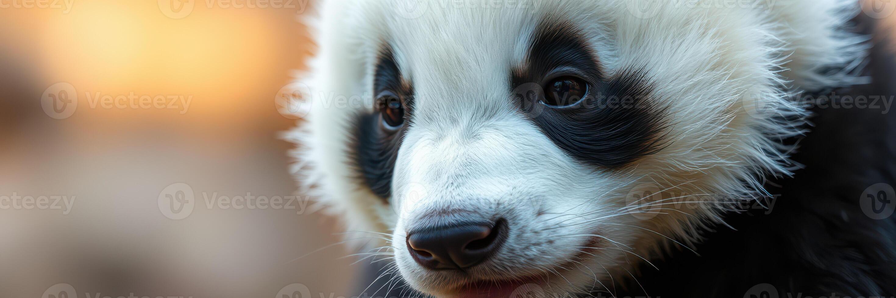 Cute panda cub exploring its surroundings in a natural habitat during the golden hour of the day photo