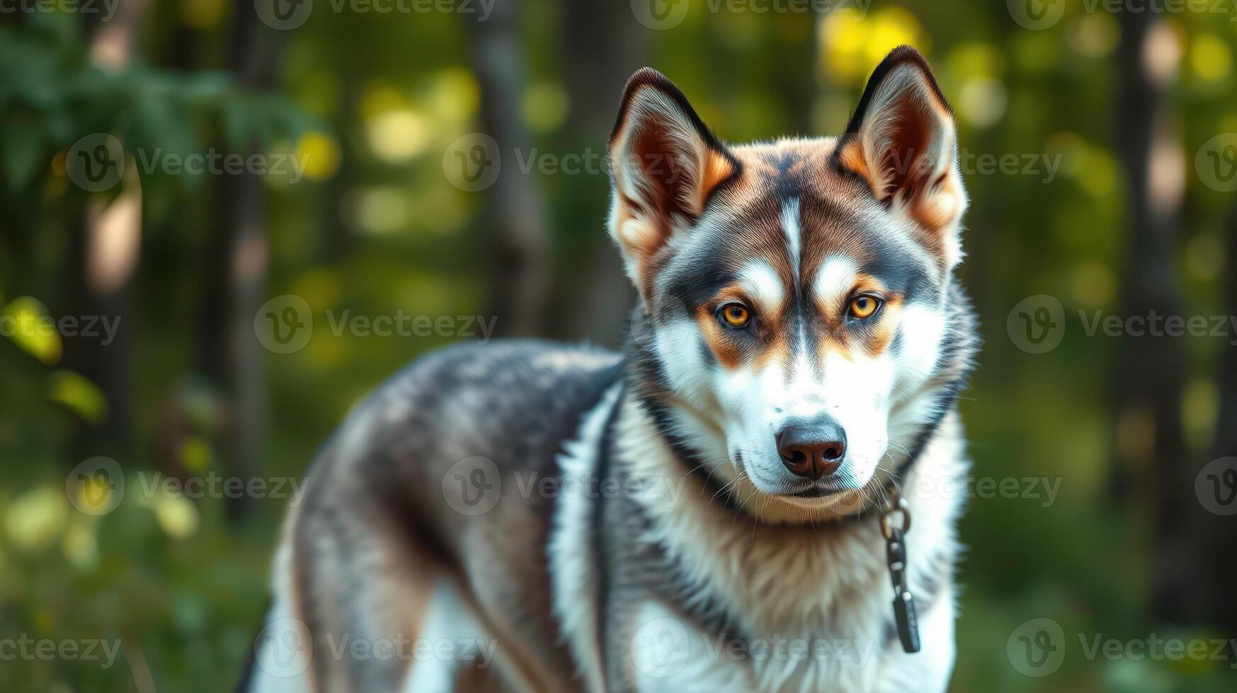 Beautiful husky dog poses in a lush green forest during sunny day photo