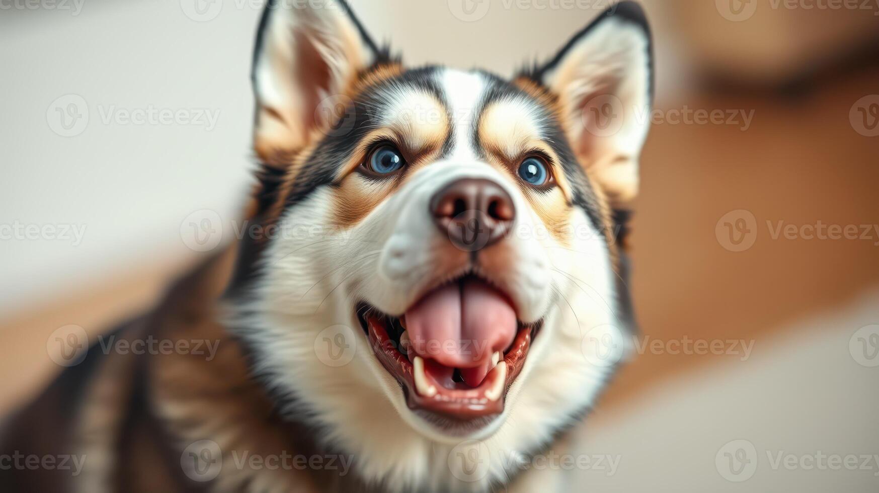 Happy dog enjoying indoor playtime with a joyful expression, showcasing playful energy and affection photo