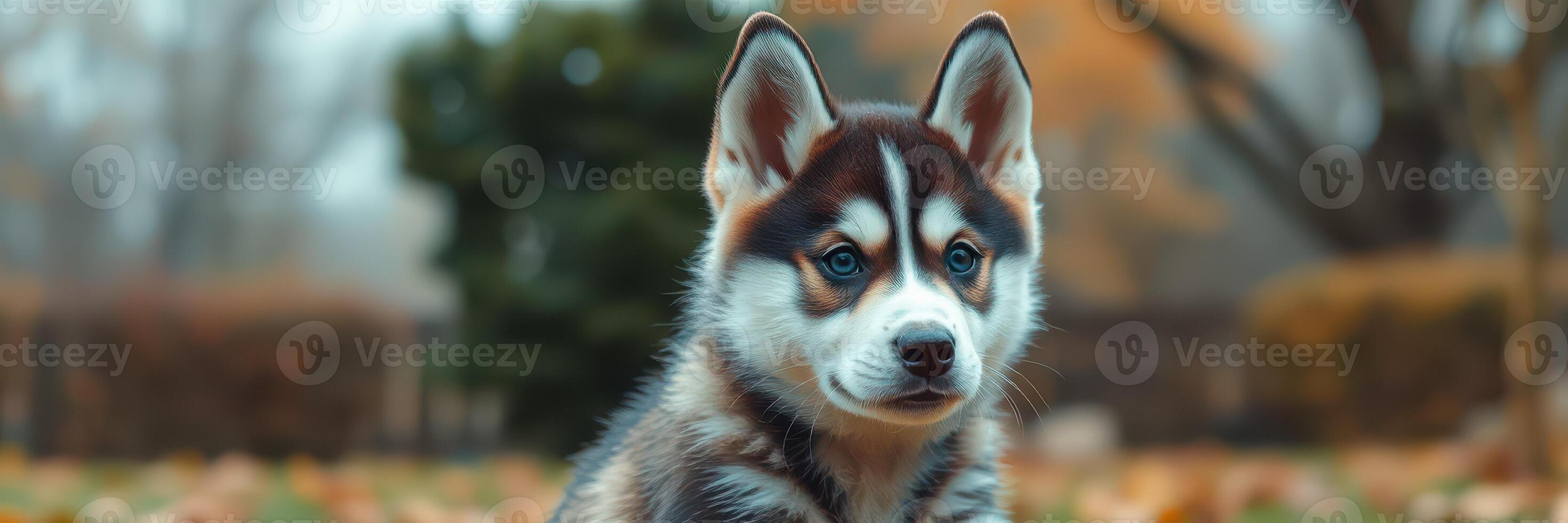 Playful husky puppy enjoys autumn in a park full of fallen leaves and vibrant colors photo