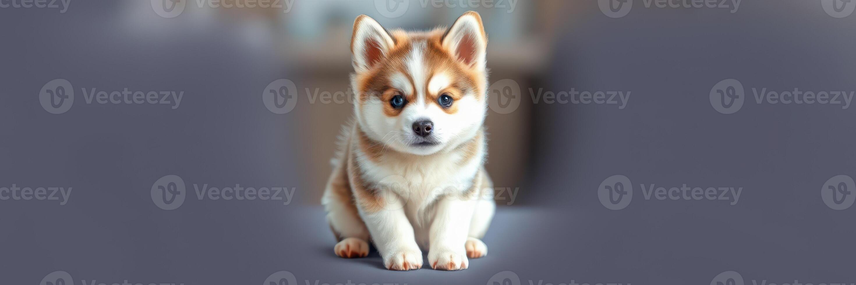 Cute fluffy puppy sitting calmly on a soft surface in a cozy indoor setting during the afternoon photo