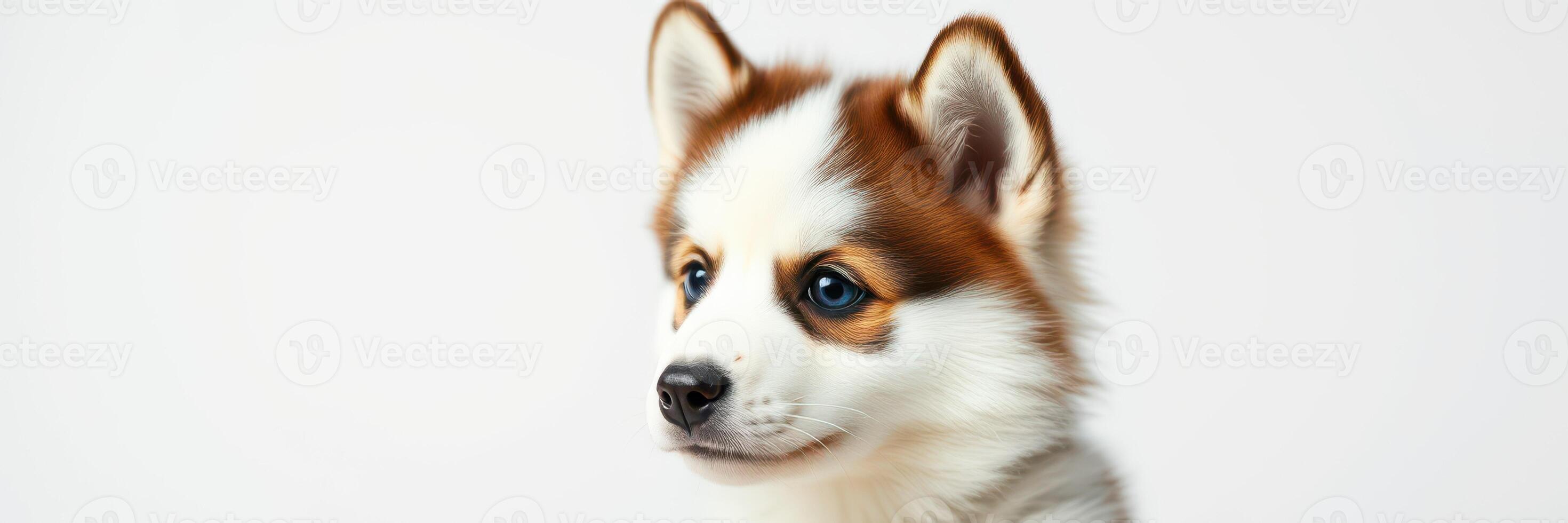 Cute fluffy puppy portrait with brown and white fur and expressive eyes on a plain background photo