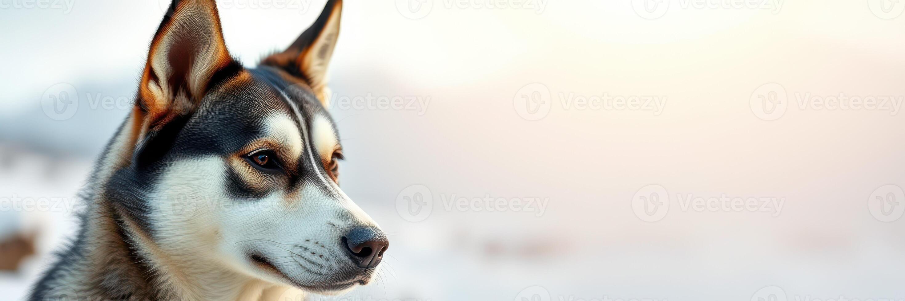 Husky dog gazing thoughtfully at a snowy landscape during sunset photo