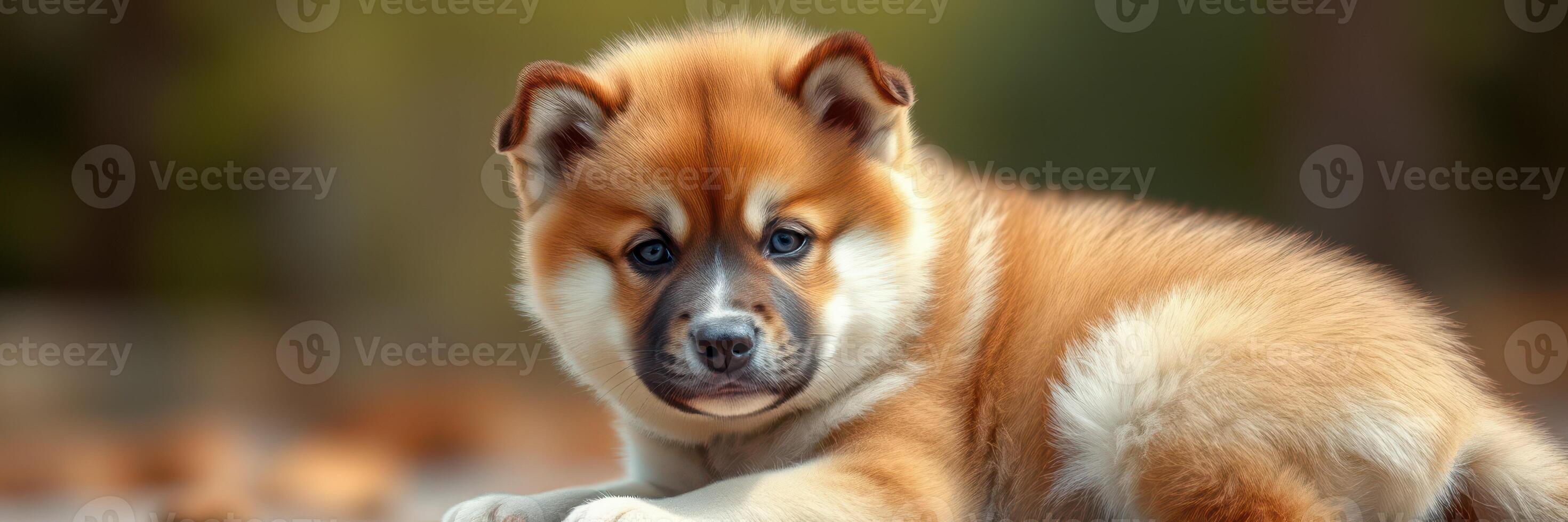 Adorable puppy resting in a sunny outdoor setting with a soft, blurred background photo