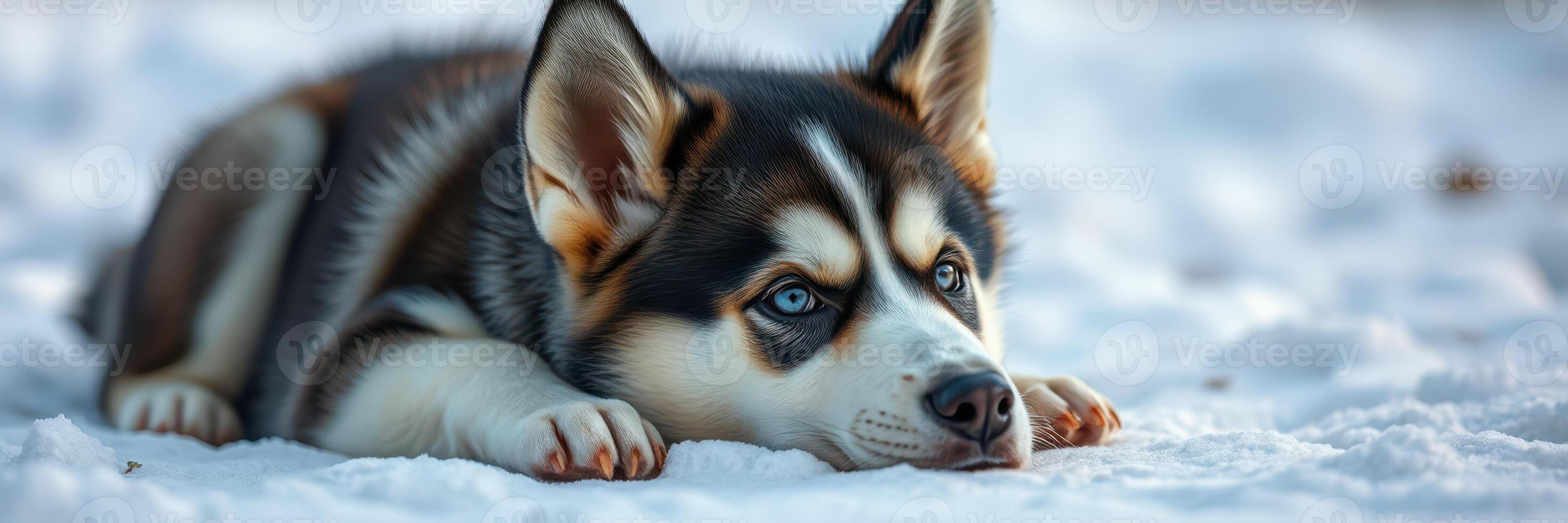 Playful husky puppy relaxing in the snow on a sunny winter day in a beautiful snowy landscape photo
