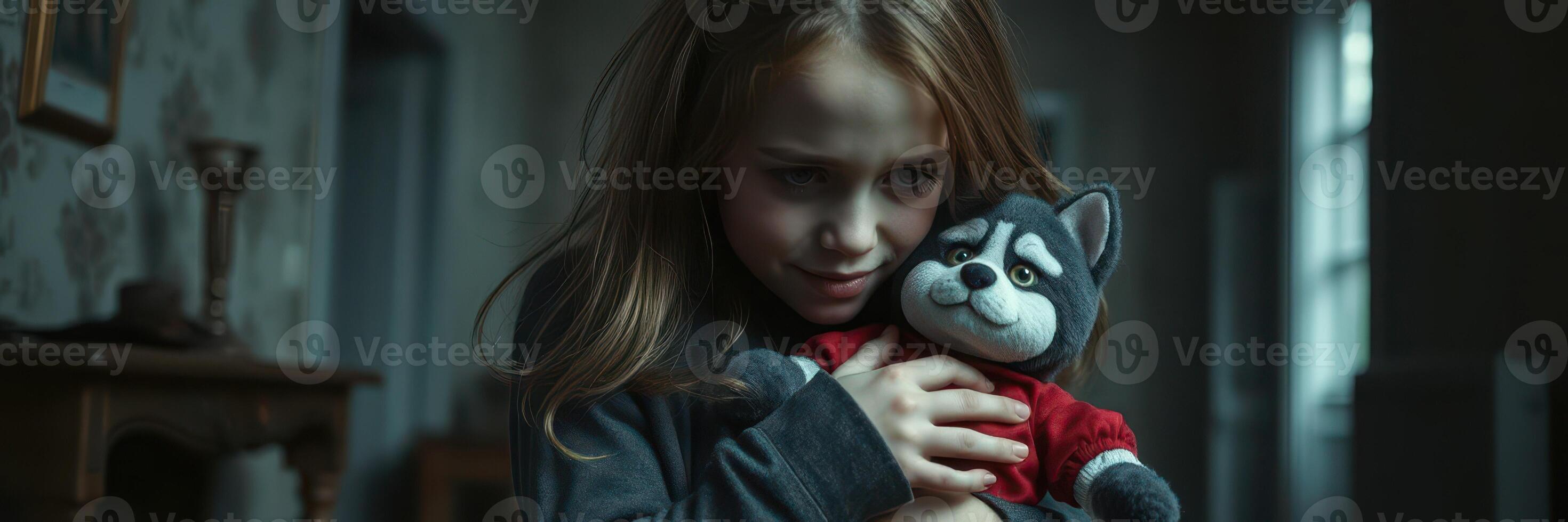Child holds a plush husky toy in a dimly lit room while showing a mysterious expression photo