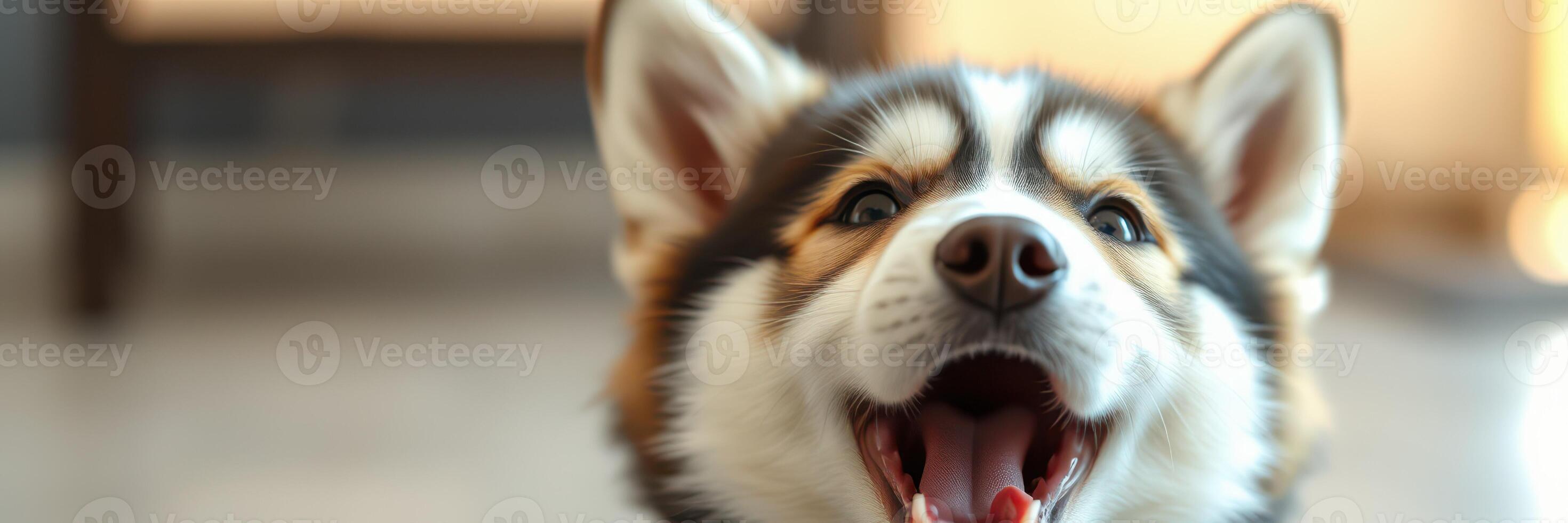 Happy dog with open mouth in indoor setting enjoying playful moment in sunlight with joyful expression photo
