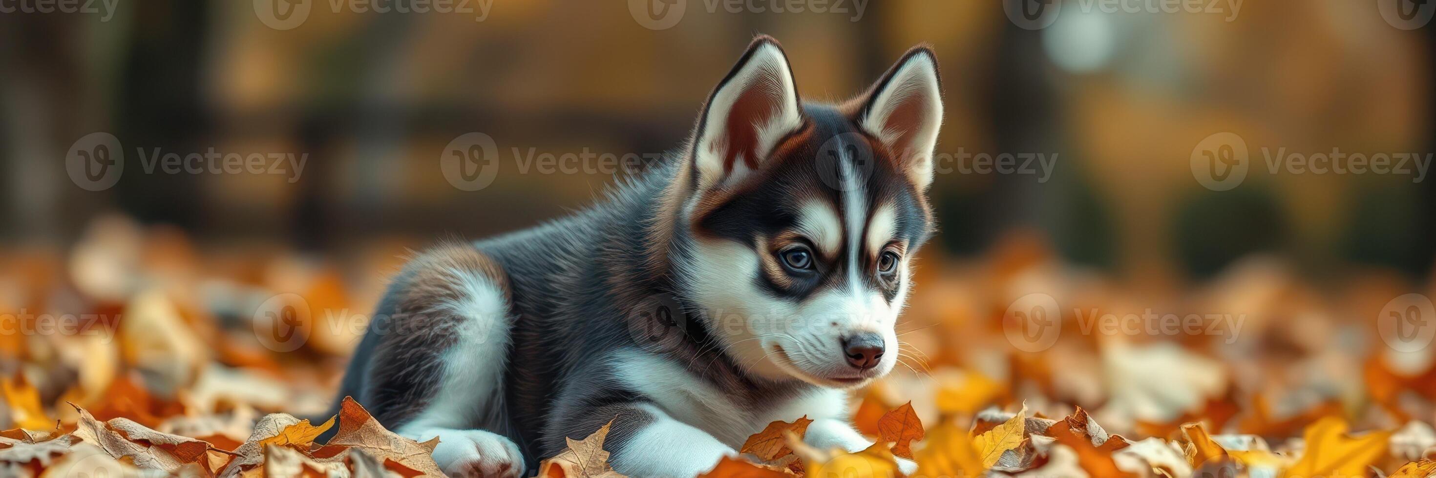 Husky puppy resting on autumn leaves in a park during a sunny day in October photo