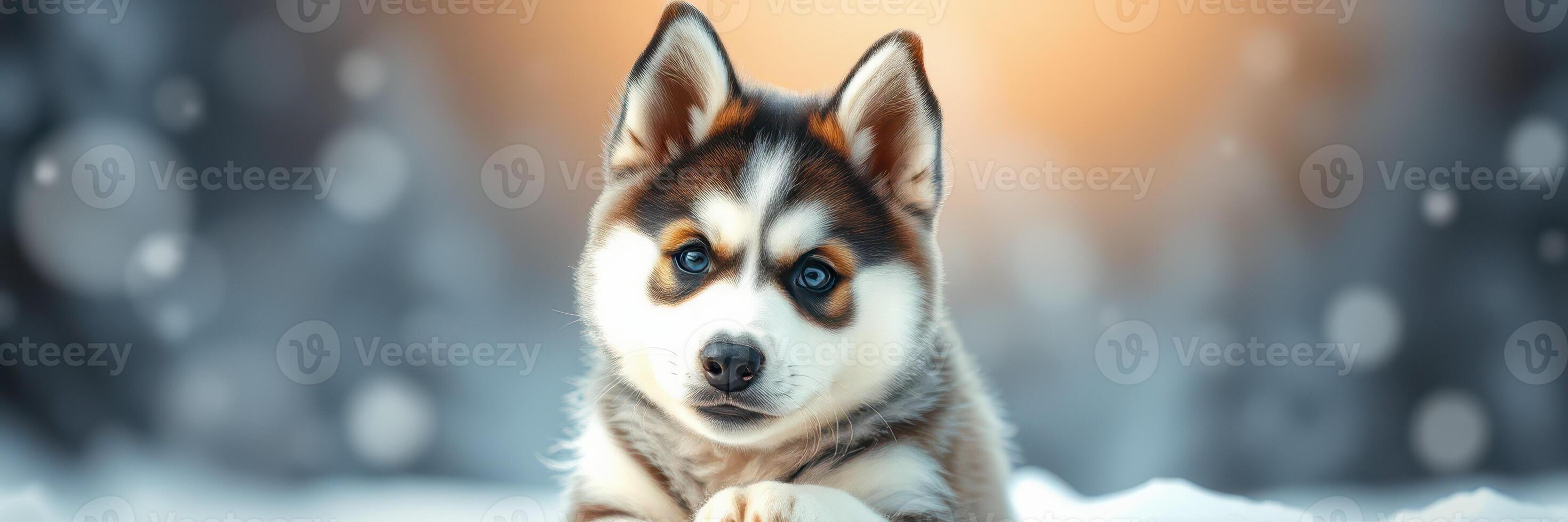 Cute husky puppy playing in the snow with a blurred winter background during a sunny day photo