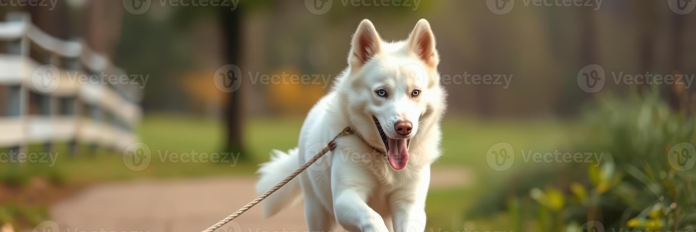 Happy white dog enjoying a walk in a park on a sunny day with a scenic path and greenery all around photo