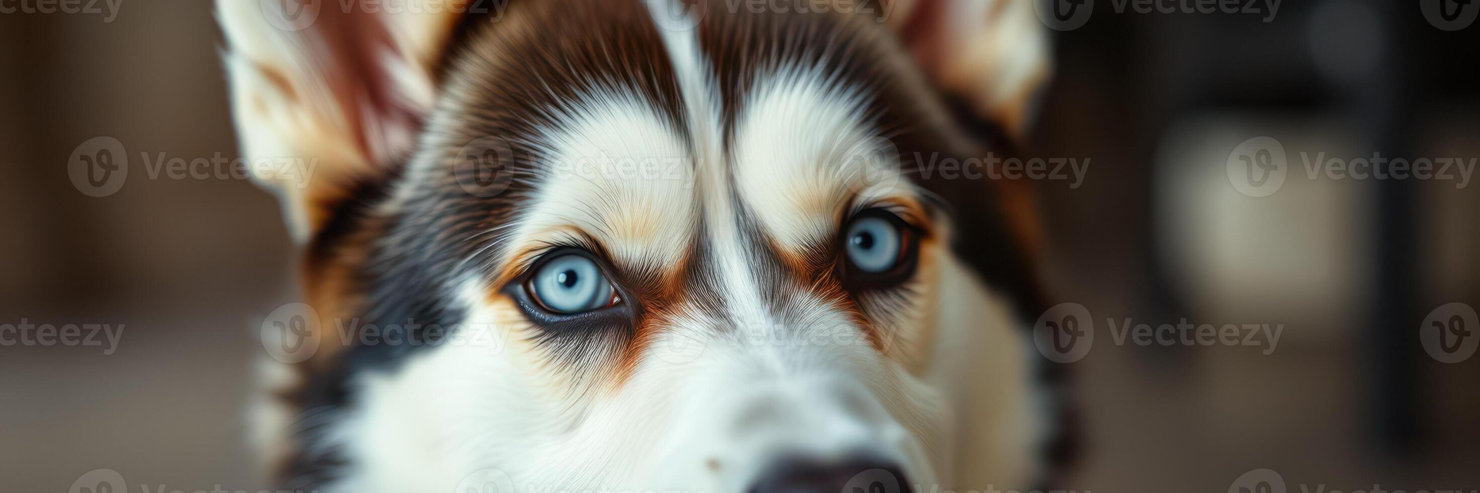 Close-up of a husky with striking blue eyes looking directly at the camera in a warm indoor setting photo