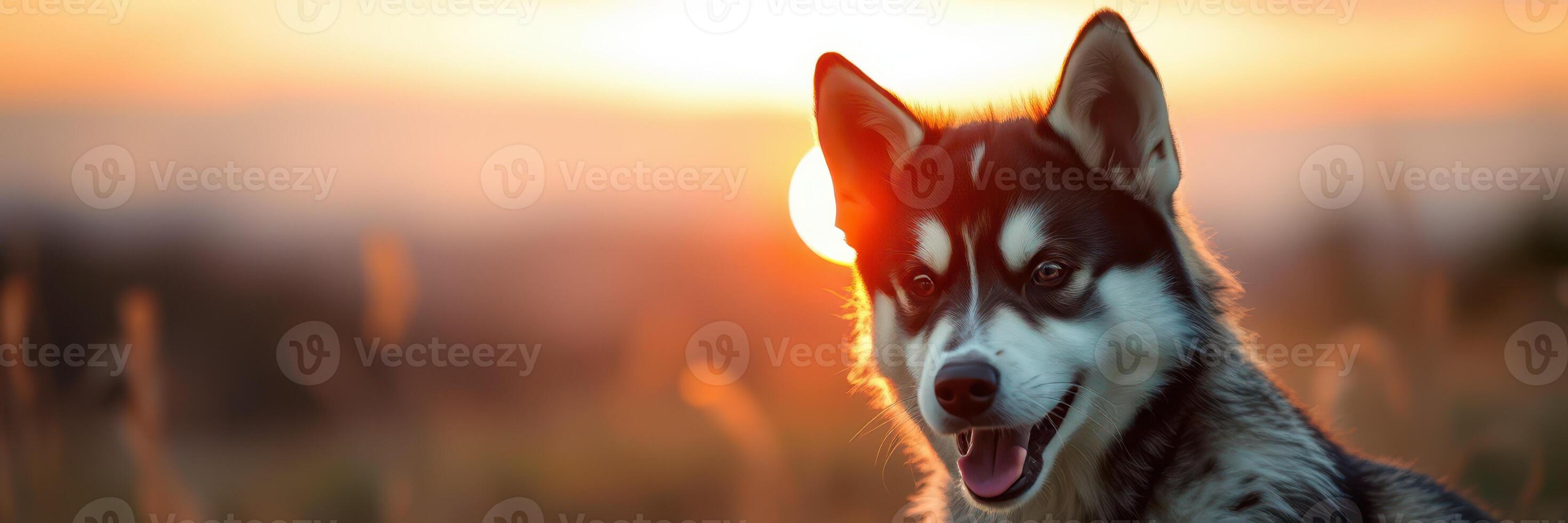 Dog enjoys sunset in open field with warm golden light and soft grass, creating a serene and peaceful atmosphere photo