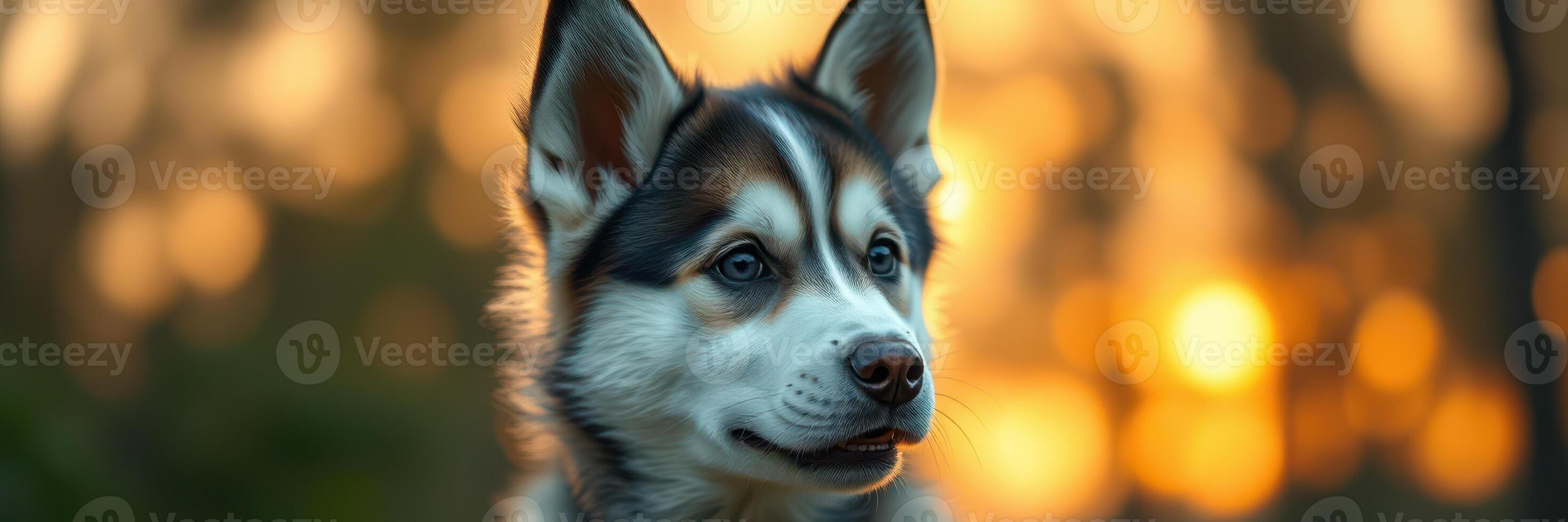 Siberian Husky enjoys a sunset stroll in a forest, showcasing vibrant colors and natural beauty photo