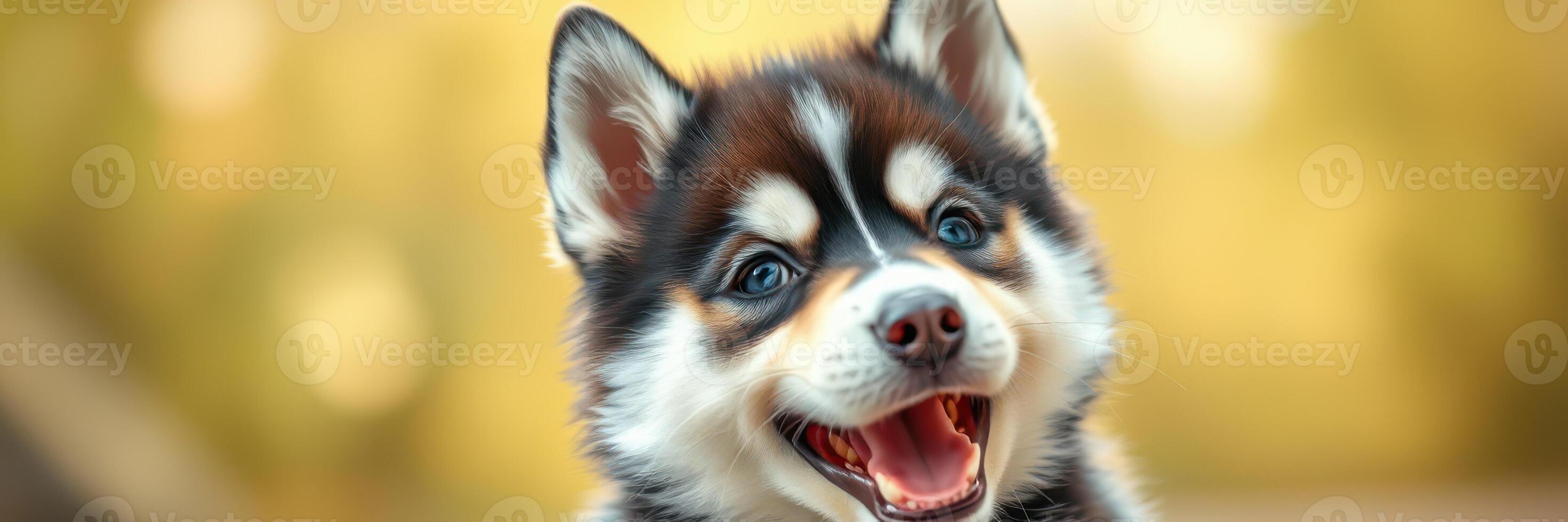 Happy husky puppy playing outdoors during golden hour with a bright, cheerful expression photo