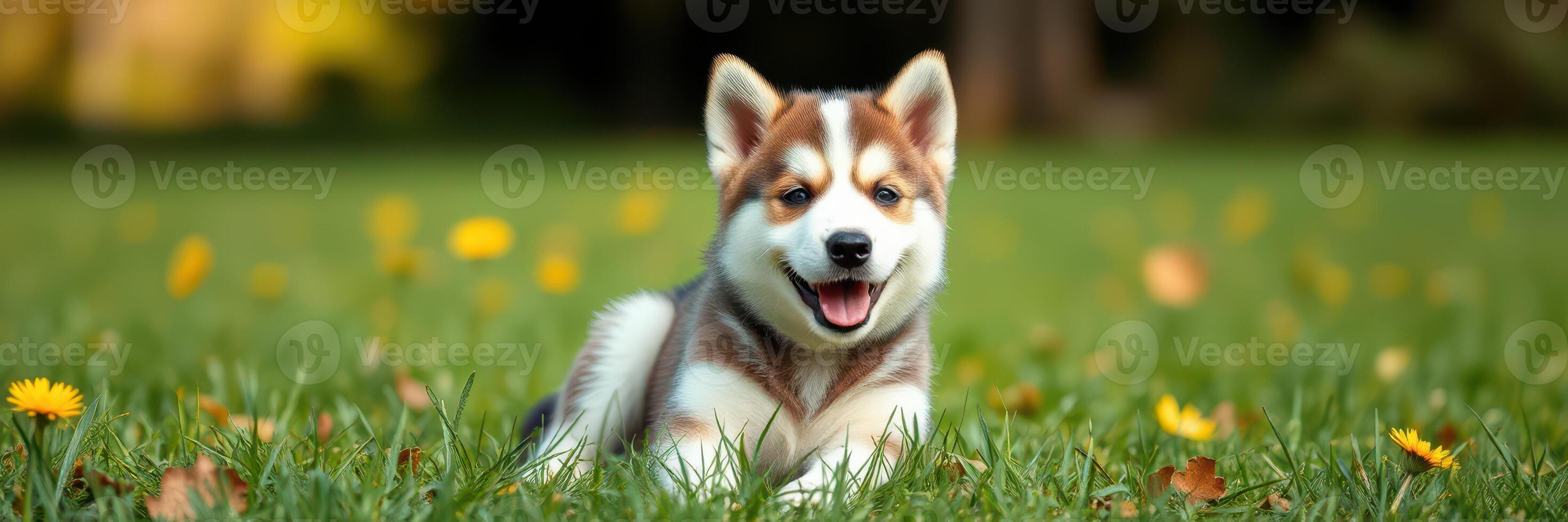 Happy puppy enjoying a sunny day in a flower-filled meadow, showcasing a cheerful expression and playful demeanor photo