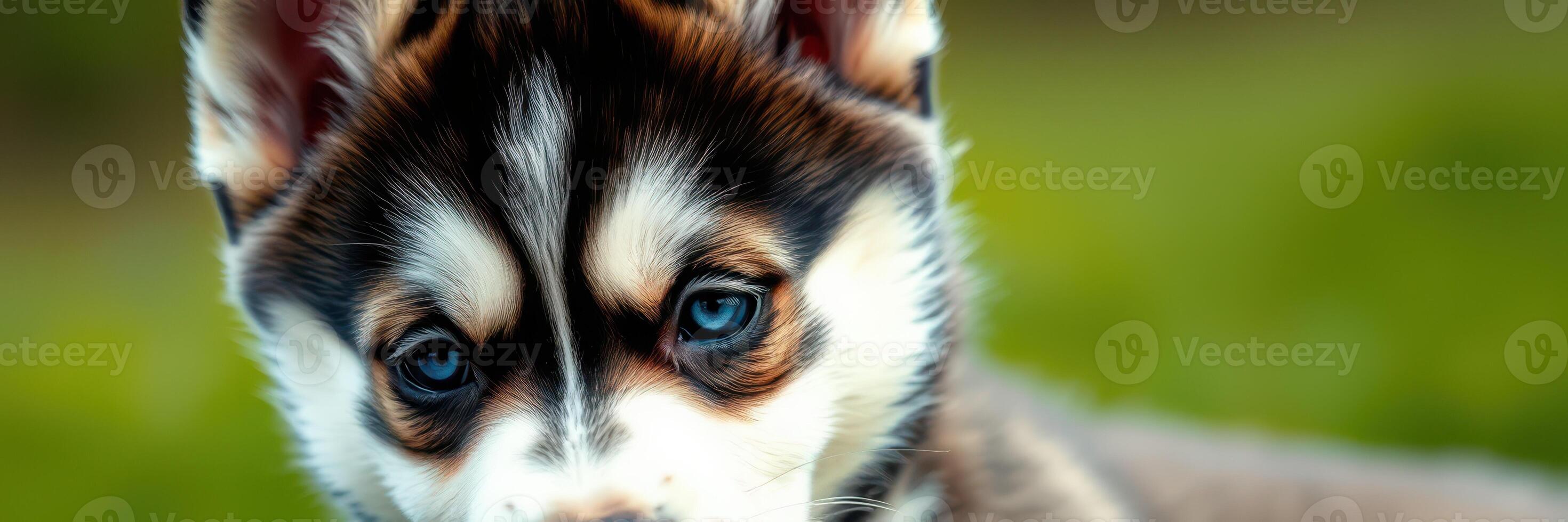 Cute husky puppy with striking blue eyes exploring a green field on a sunny day photo