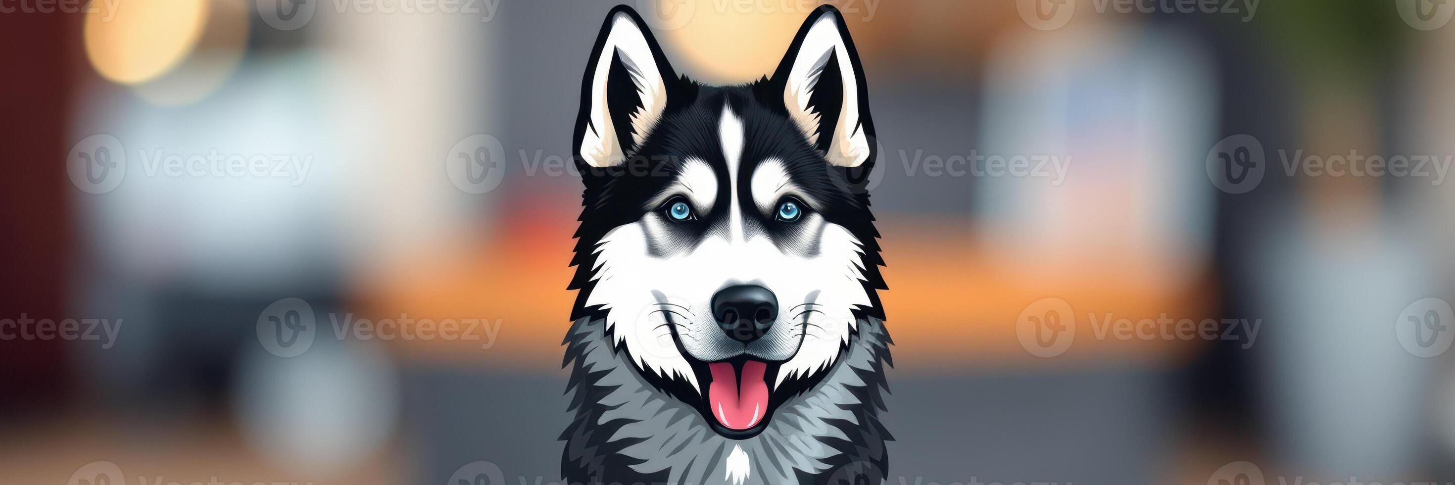 Siberian husky with striking blue eyes sits in a cozy indoor setting during bright daylight photo