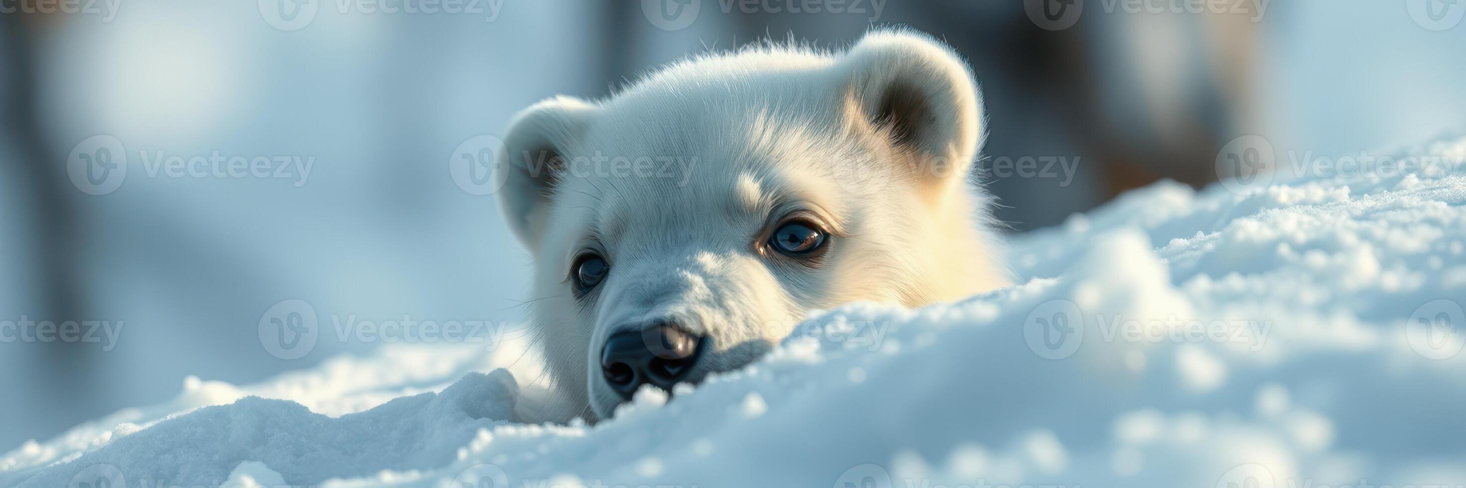 Snow-covered landscape features a curious polar bear cub exploring its natural habitat in winter photo