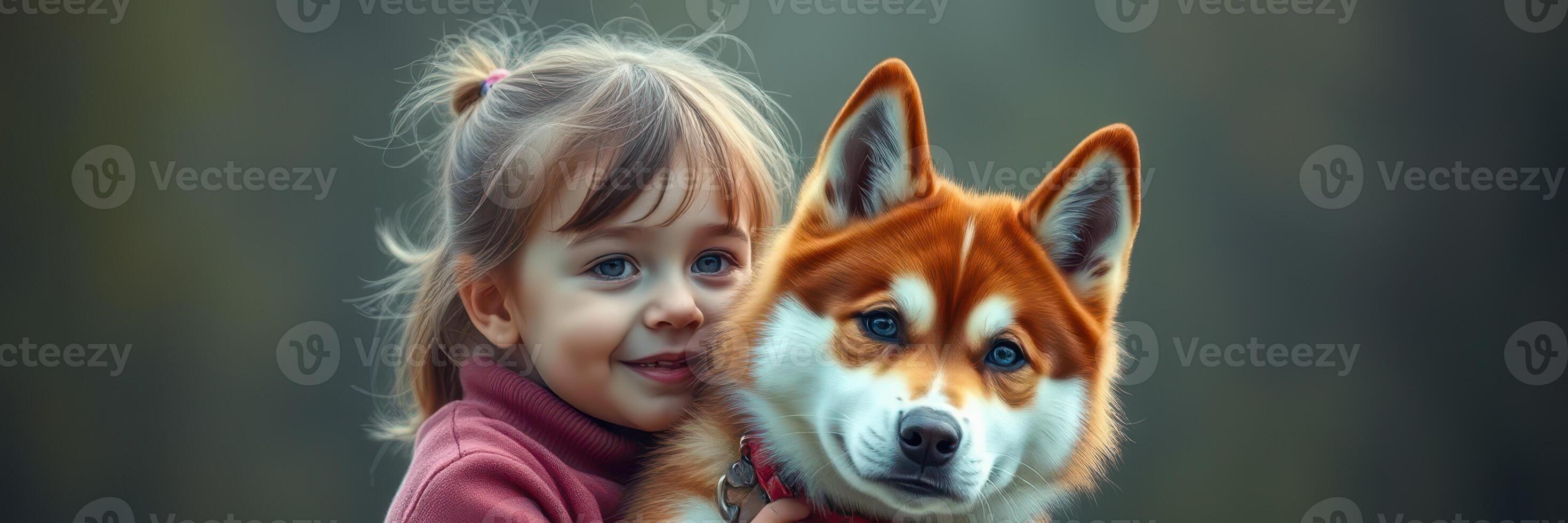 Young girl enjoys affectionate moment with shiba inu in a serene outdoor setting photo