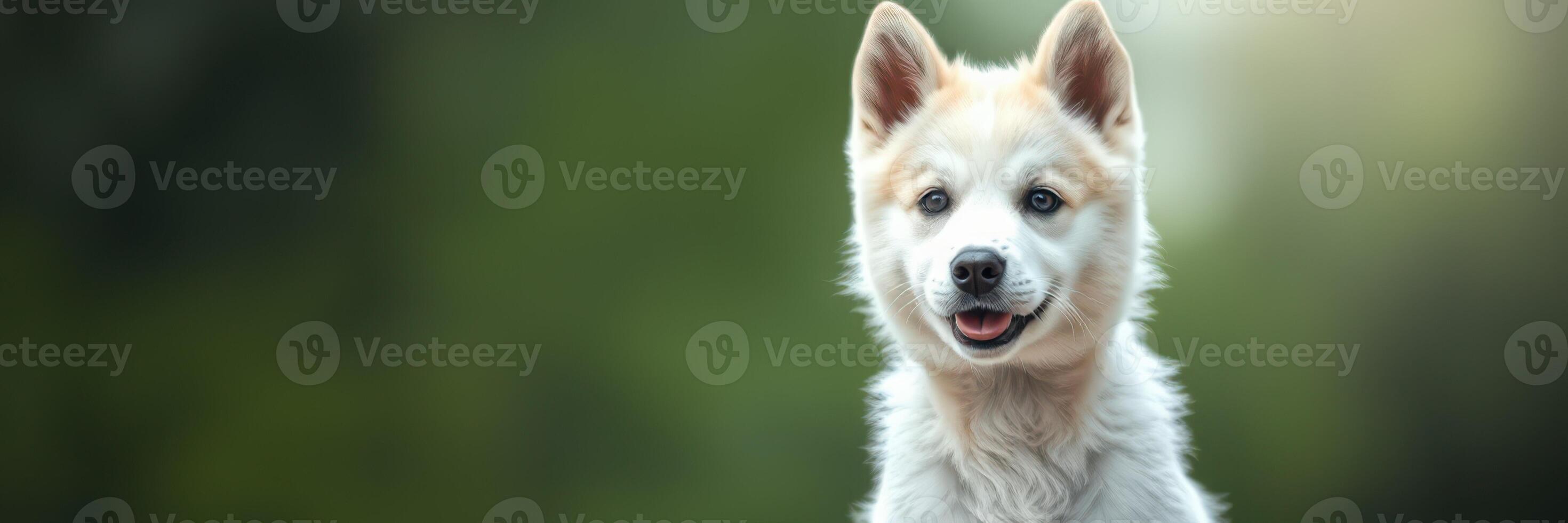 Charming fluffy puppy with striking features sitting on a green background in a serene setting photo