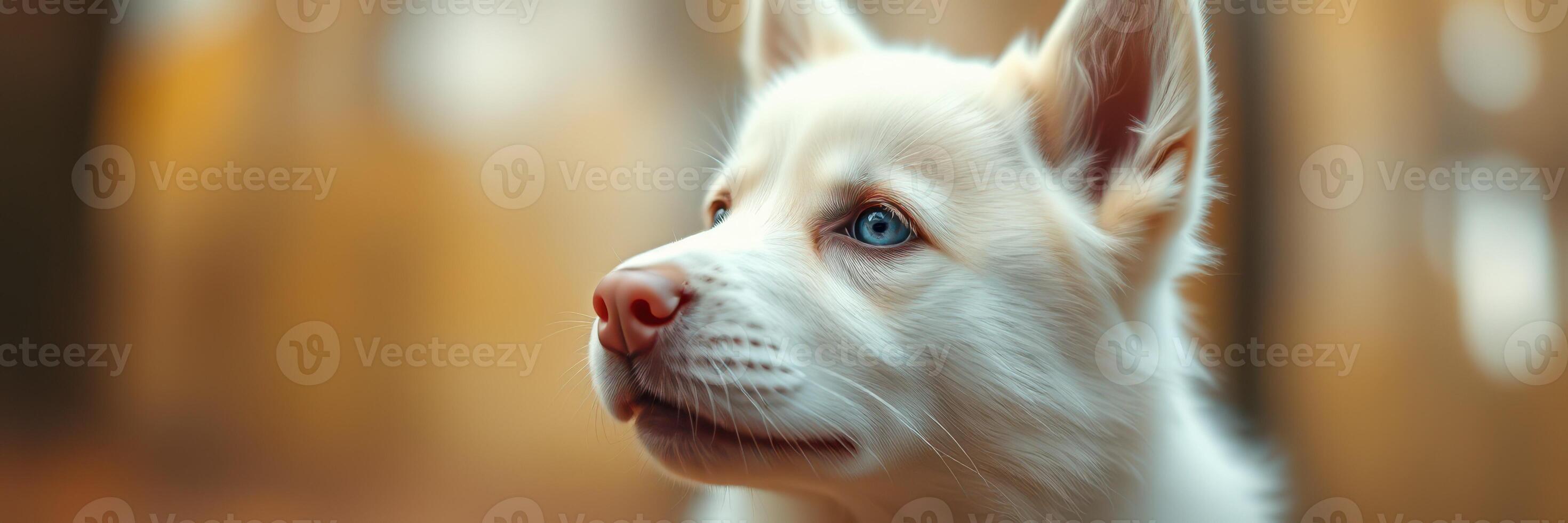 Cute white dog with blue eyes sitting in autumn forest during golden hour photo