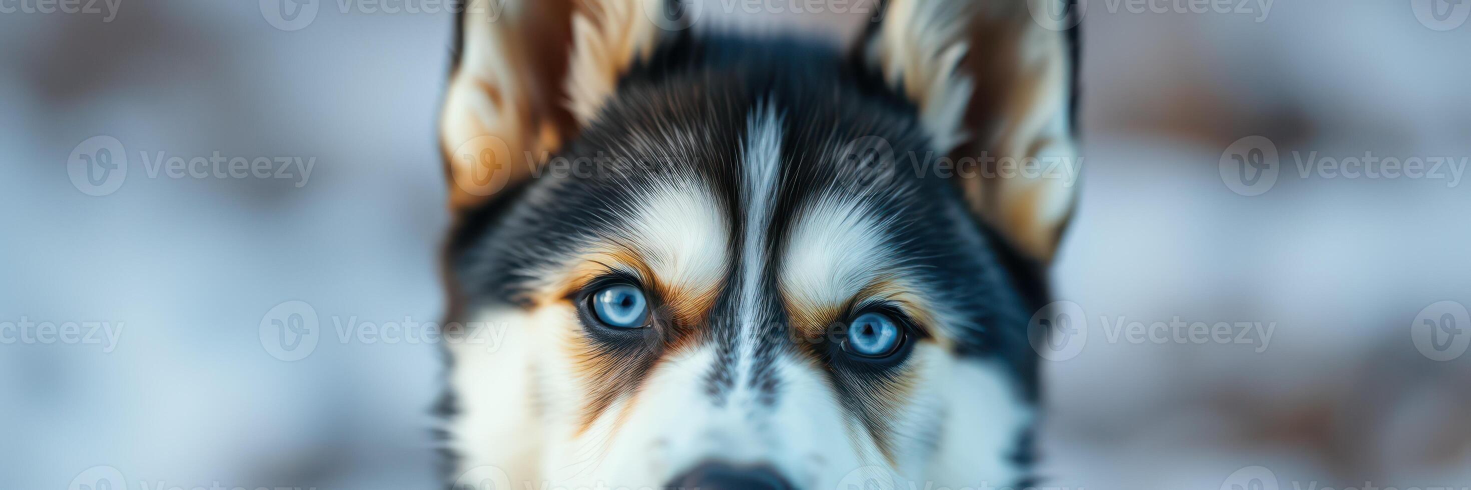 Husky with striking blue eyes looking towards the camera in a snowy landscape during wintertime photo