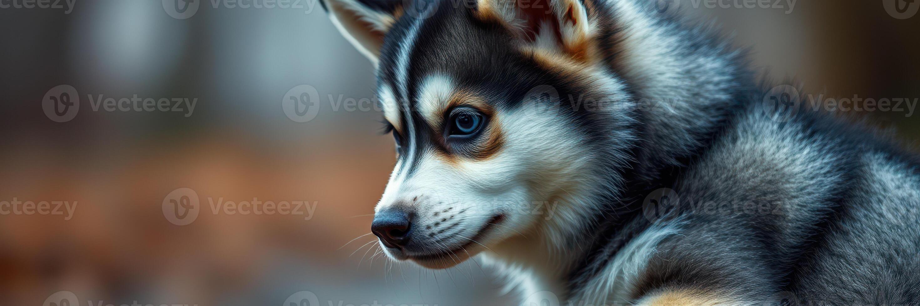 Cute husky puppy looking curiously at the surroundings during a peaceful autumn afternoon photo