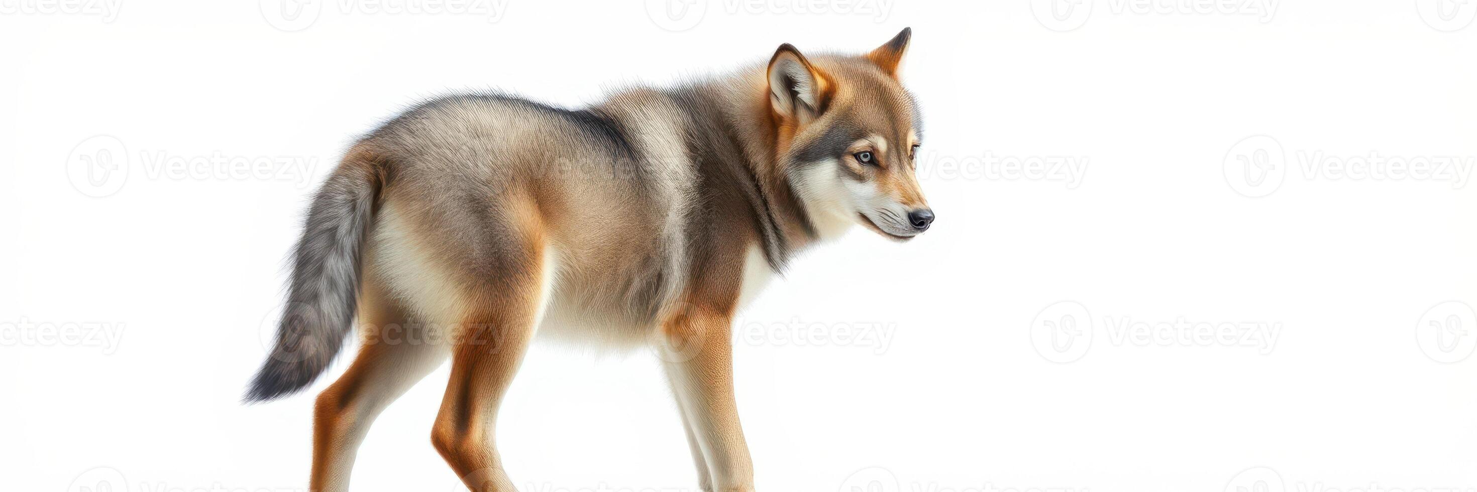 Wolf walks gracefully on a white background, showcasing its stunning fur and keen expression in an indoor setting photo